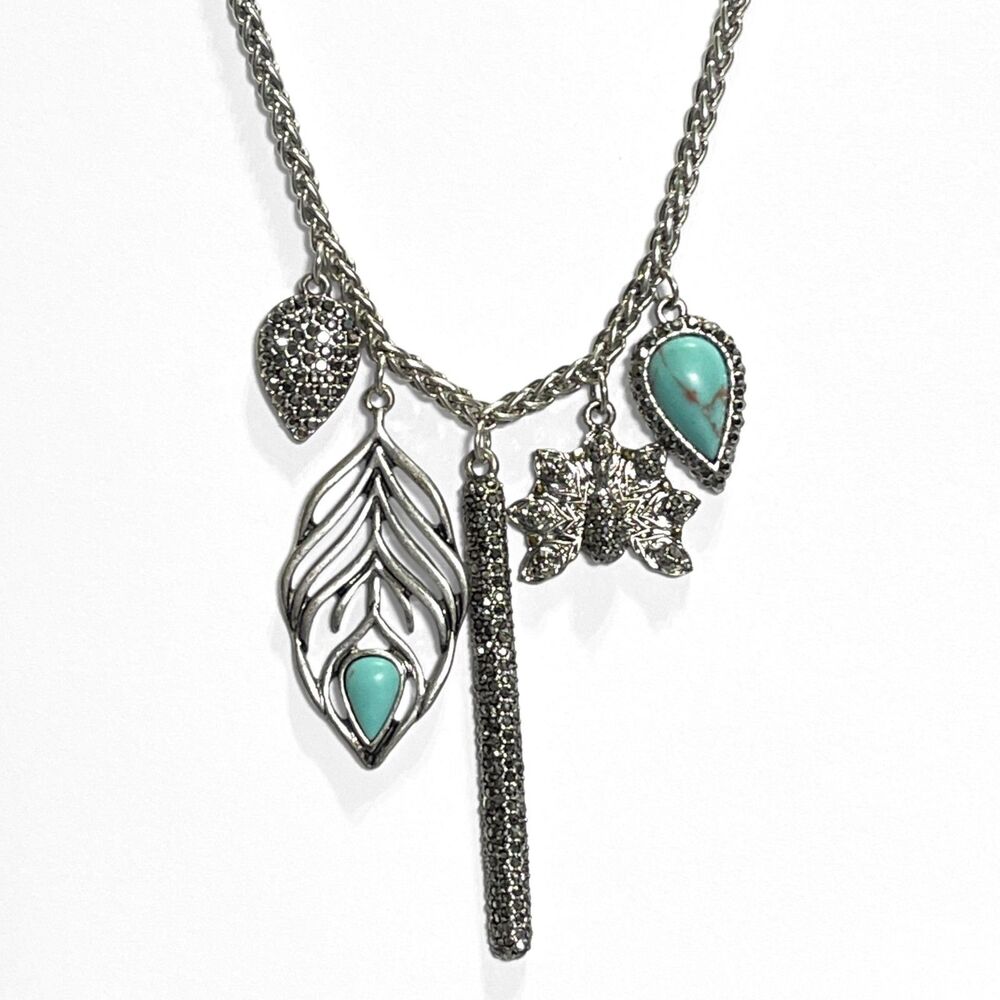Lucky Brand Charm Necklace Peacock Rock Crystal Silver Tone Boho Western NEW
